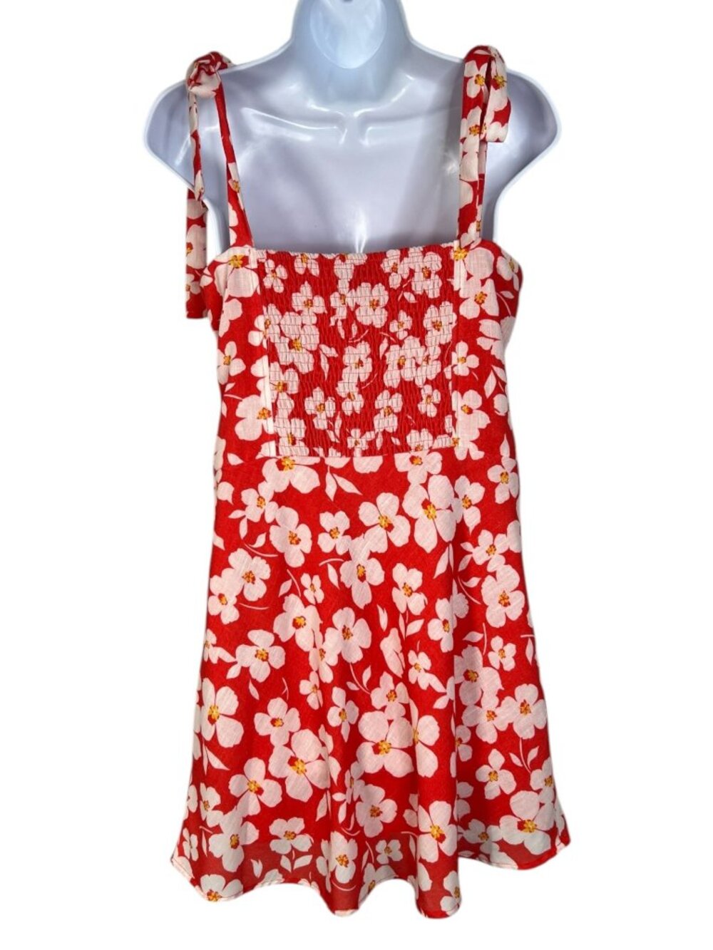 Hausen Hope Mini Dress Red White Floral Tie Strap Sundress Large - Picture 8 of 11